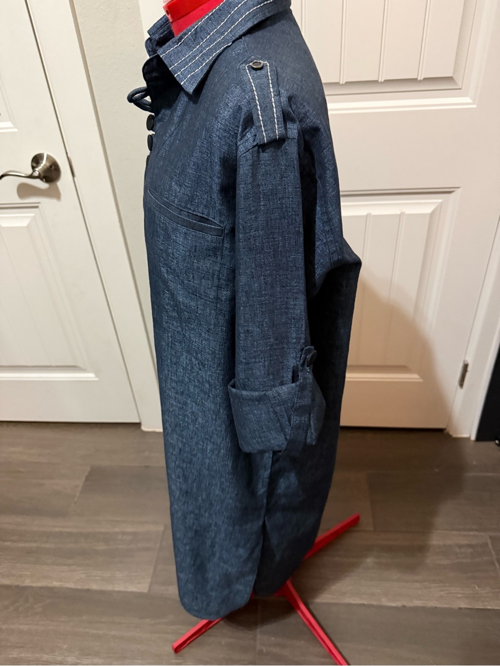 Women's Navy Denim Style Shirt Dress side slits adjustable sleeves Sz Large - Picture 8 of 16